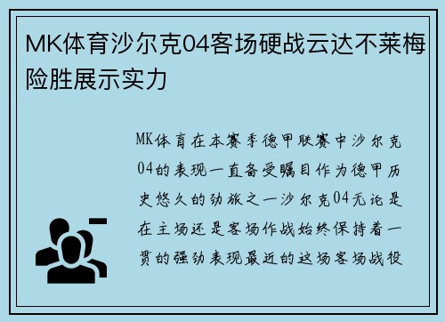 MK体育沙尔克04客场硬战云达不莱梅险胜展示实力